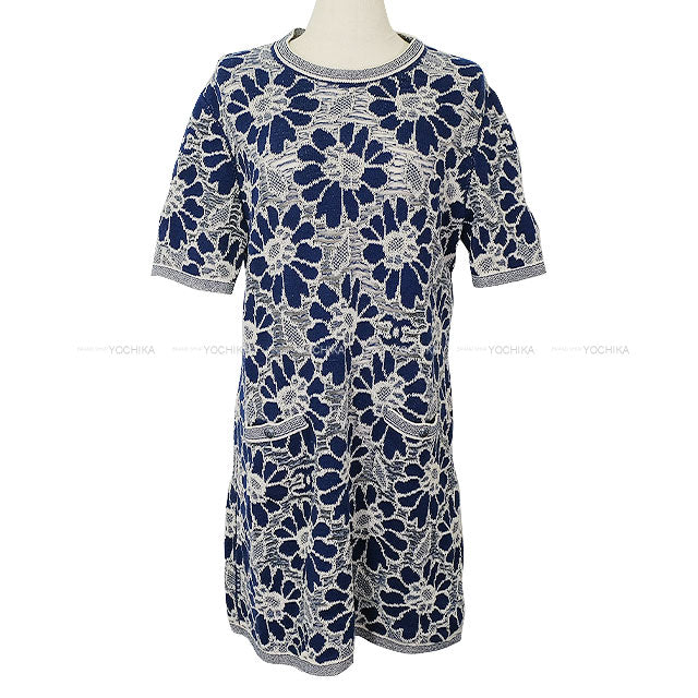 2020SS CHANEL One‐piece dress Lace Flower Motif COCO Button Floral Pattern Pockets Blue/Blanc (White) Wool/Cotton #42 P63042[ALMOST NEW][Authentic]