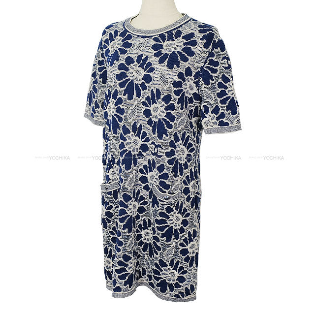 2020SS CHANEL One‐piece dress Lace Flower Motif COCO Button Floral Pattern Pockets Blue/Blanc (White) Wool/Cotton #42 P63042[ALMOST NEW][Authentic]