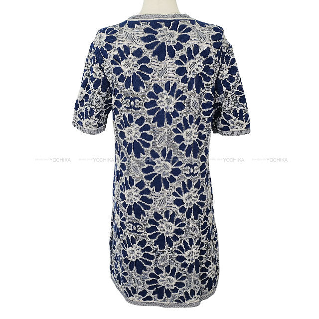 2020SS CHANEL One‐piece dress Lace Flower Motif COCO Button Floral Pattern Pockets Blue/Blanc (White) Wool/Cotton #42 P63042[ALMOST NEW][Authentic]