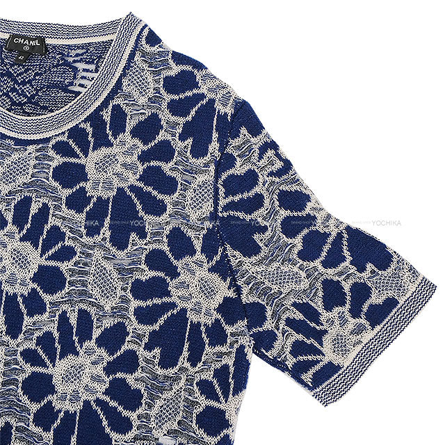 2020SS CHANEL One‐piece dress Lace Flower Motif COCO Button Floral Pattern Pockets Blue/Blanc (White) Wool/Cotton #42 P63042[ALMOST NEW][Authentic]