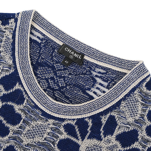 2020SS CHANEL One‐piece dress Lace Flower Motif COCO Button Floral Pattern Pockets Blue/Blanc (White) Wool/Cotton #42 P63042[ALMOST NEW][Authentic]