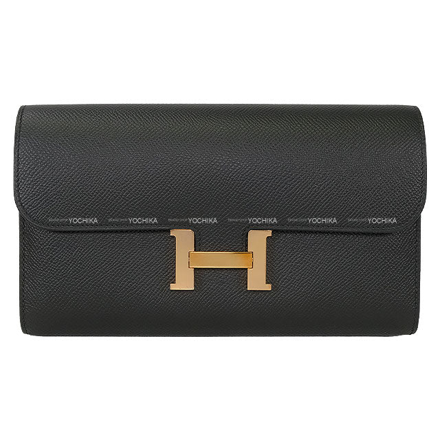 [Pre-loved] HERMES long wallet Constance Long Wallet Noir (Black) Veau Epsom Rose Gold HW Stamp D[LIKE NEW][Authentic]