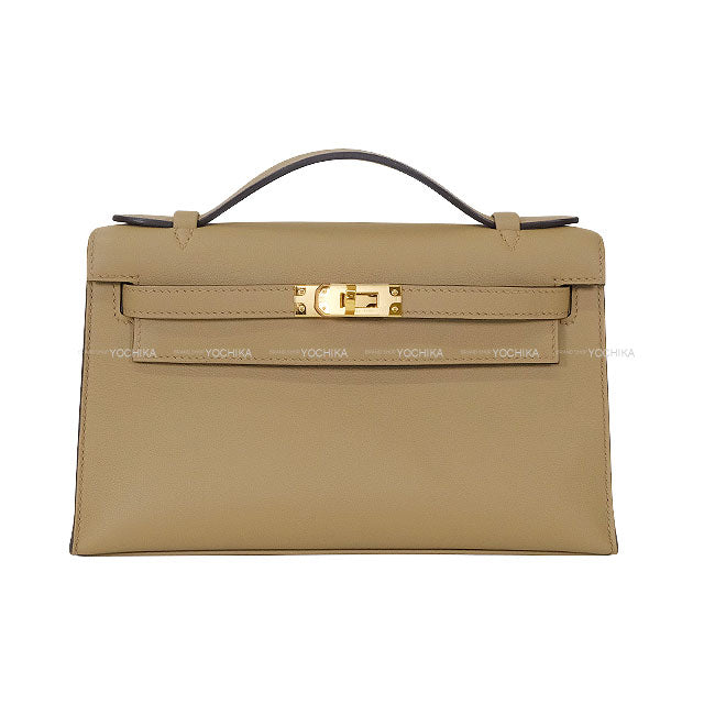 HERMES Handbag Pochette Kelly Beige Marfa Veau Swift Gold HW Stamp W[EXCELLENT][Authentic]