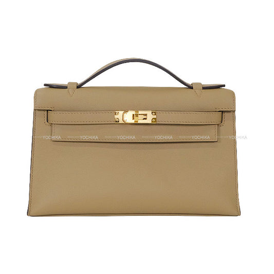 HERMES Handbag Pochette Kelly Beige Marfa Veau Swift Gold HW Stamp W[EXCELLENT][Authentic]