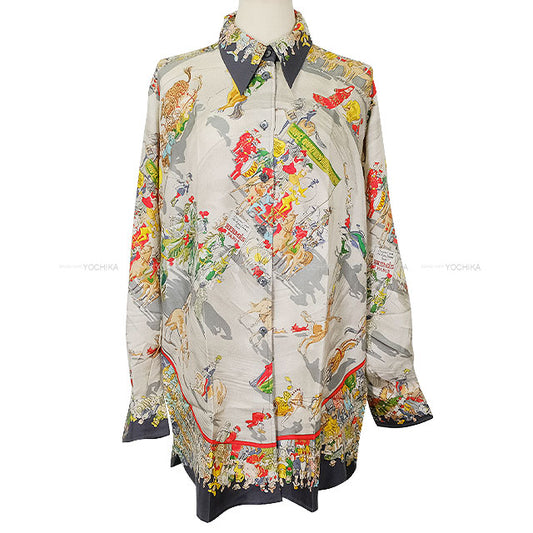 [Pre-loved] HERMES Long sleeve shirt Vintage Parade CIRQUN MOLER Grey/Noir (Black) Silk100% #40[LIKE NEW][Authentic]