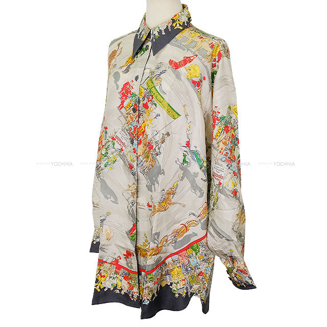[Pre-loved] HERMES Long sleeve shirt Vintage Parade CIRQUN MOLER Grey/Noir (Black) Silk100% #40[LIKE NEW][Authentic]