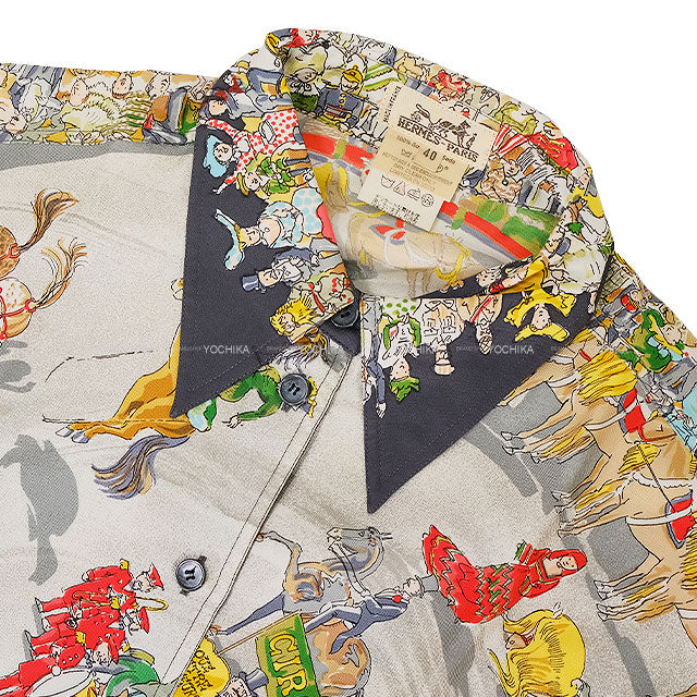 [Pre-loved] HERMES Long sleeve shirt Vintage Parade CIRQUN MOLER Grey/Noir (Black) Silk100% #40[LIKE NEW][Authentic]