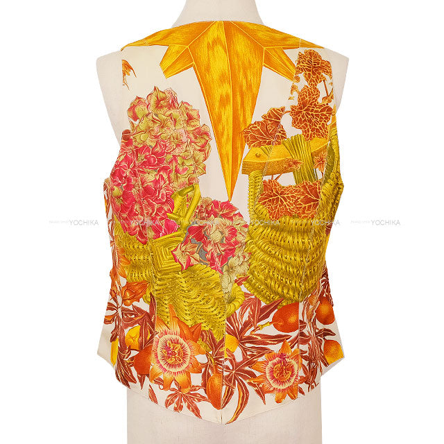 [Pre-loved] HERMES Vests Vintage PASSIFLORES Button Ivory/Brown Silk100%/Linen #42[LIKE NEW][Authentic]