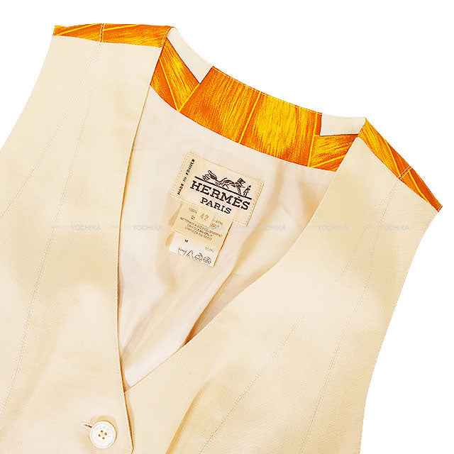 [Pre-loved] HERMES Vests Vintage PASSIFLORES Button Ivory/Brown Silk100%/Linen #42[LIKE NEW][Authentic]