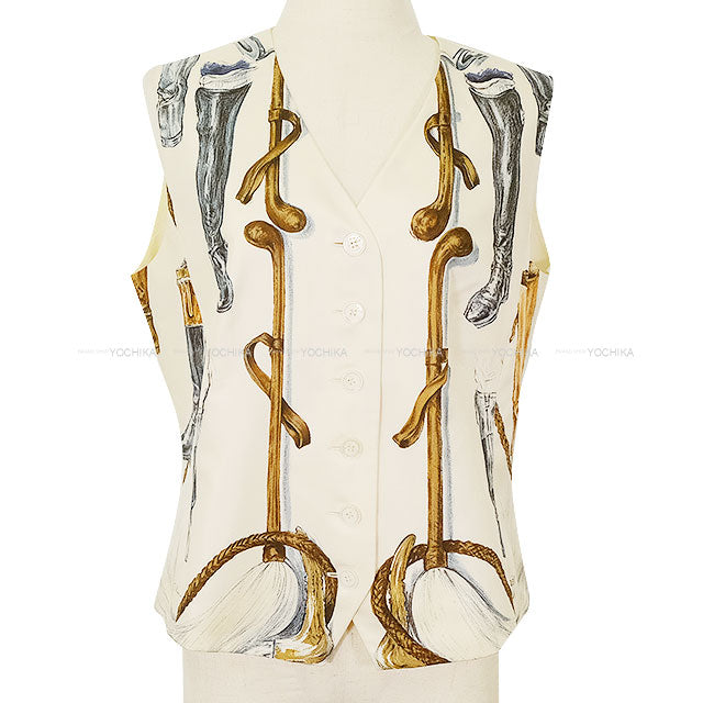 [Pre-loved] HERMES Vests Vintage Button A PROPOS DE BOTTES Ivory/Blue Silk100% #42[LIKE NEW][Authentic]