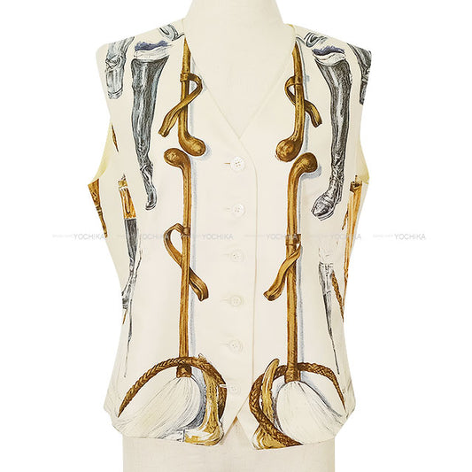 [Pre-loved] HERMES Vests Vintage Button A PROPOS DE BOTTES Ivory/Blue Silk100% #42[LIKE NEW][Authentic]