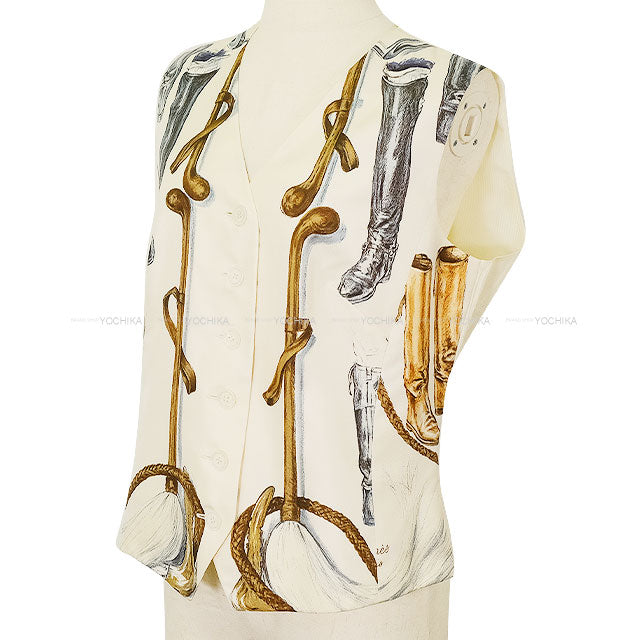 [Pre-loved] HERMES Vests Vintage Button A PROPOS DE BOTTES Ivory/Blue Silk100% #42[LIKE NEW][Authentic]
