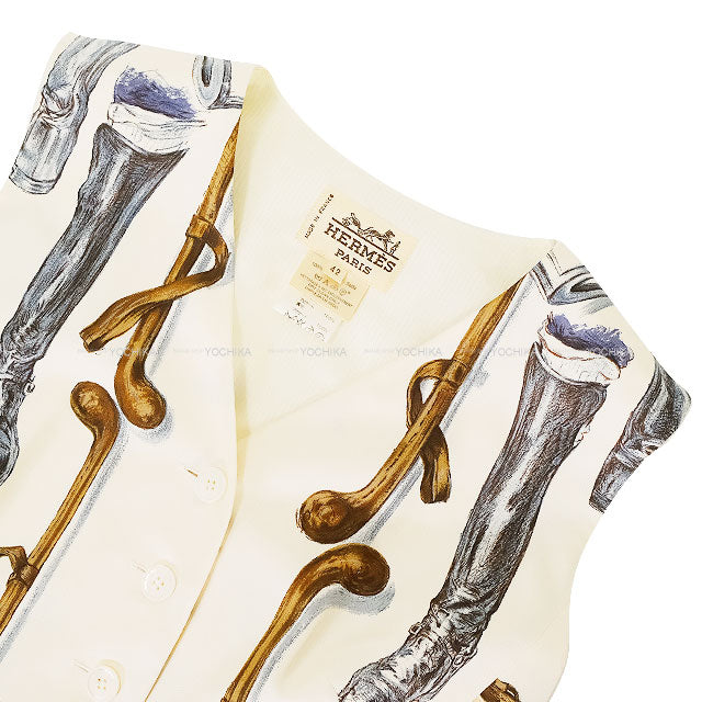 [Pre-loved] HERMES Vests Vintage Button A PROPOS DE BOTTES Ivory/Blue Silk100% #42[LIKE NEW][Authentic]