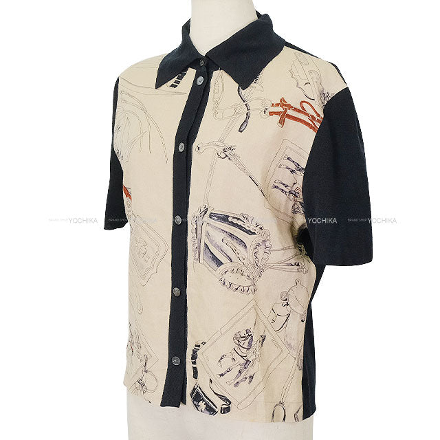 [Pre-loved] HERMES Knit Vintage Short Sleeve CAVALERIA FRANCAISE Marine/Beige Linen #L[LIKE NEW][Authentic]