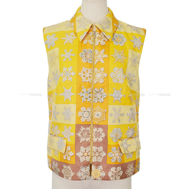 [Pre-loved] HERMES Vests Vintage Quilted Pocket Zip FEUX DE L’HIVER Margiela Era Jaune Silk100% #38 Silver HW[LIKE NEW][Authentic]