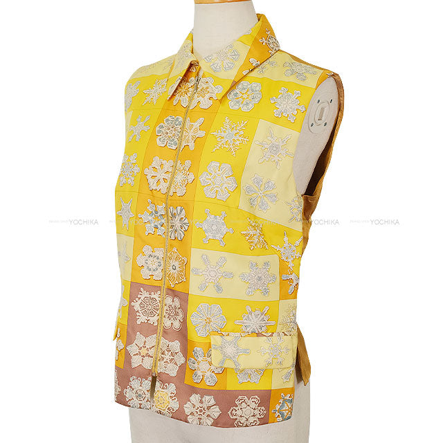 [Pre-loved] HERMES Vests Vintage Quilted Pocket Zip FEUX DE L’HIVER Margiela Era Jaune Silk100% #38 Silver HW[LIKE NEW][Authentic]