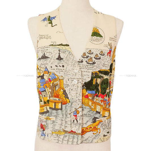 [Pre-loved] HERMES Vests Vintage Pocket Mont Saint Michel Button Multicolor Silk100% #40 Gold HW[LIKE NEW][Authentic]