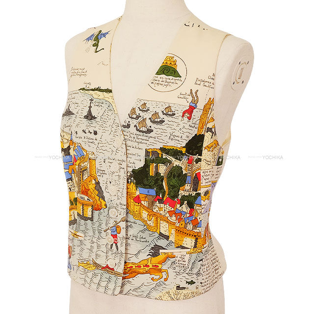 [Pre-loved] HERMES Vests Vintage Pocket Mont Saint Michel Button Multicolor Silk100% #40 Gold HW[LIKE NEW][Authentic]