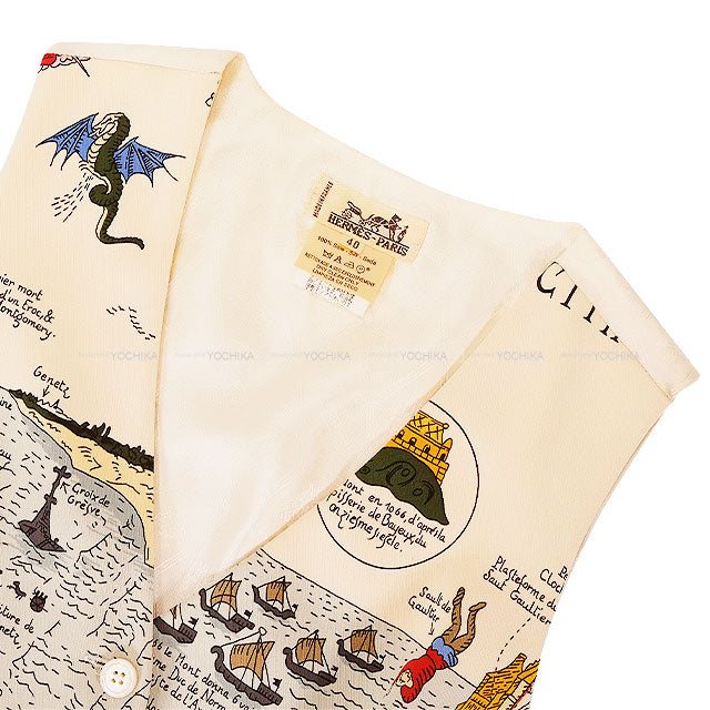 [Pre-loved] HERMES Vests Vintage Pocket Mont Saint Michel Button Multicolor Silk100% #40 Gold HW[LIKE NEW][Authentic]