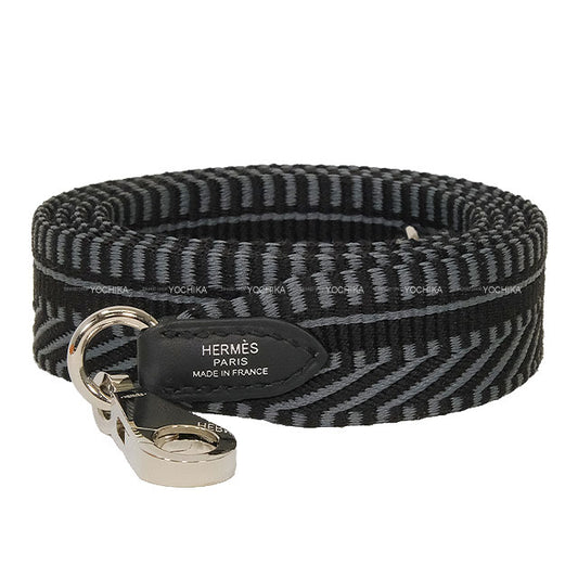 HERMES shoulder strap Bandouliere 25mm 105cm Sangles Caval Noir (Black)/Gris Misty Toile H/Veau Swift Silver HW Stamp W[ALMOST NEW][Authentic]