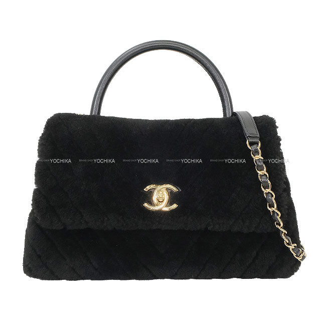[Pre-loved] CHANEL Shoulder bag COCO Handle Chevron Stitch Medium Flap Noir (Black) Mouton Gold HW[LIKE NEW][Authentic]