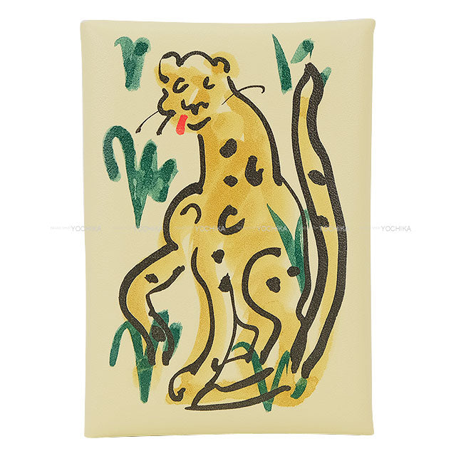 HERMES card holder Calvi Duo Spring Panther Jaune Milton Veau Swift Silver HW Stamp K[EXCELLENT][Authentic]