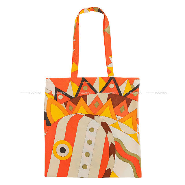 HERMES tote bag Petit H Cheval de Fête orange Ecobag Orange/Multicolor Silk100%[EXCELLENT][Authentic]