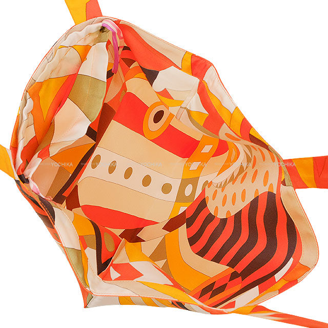 HERMES tote bag Petit H Cheval de Fête orange Ecobag Orange/Multicolor Silk100%[EXCELLENT][Authentic]