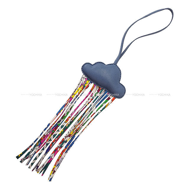 [Pre-loved] HERMES bag charm Petit H Cloud Nuage Fringe Bleu Tempete Silk100%/Agneau Milo[LIKE NEW][Authentic]