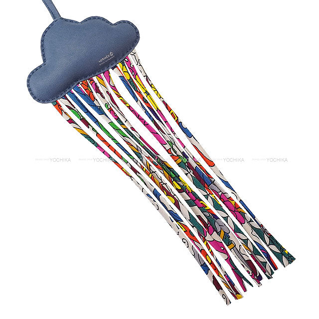 [Pre-loved] HERMES bag charm Petit H Cloud Nuage Fringe Bleu Tempete Silk100%/Agneau Milo[LIKE NEW][Authentic]