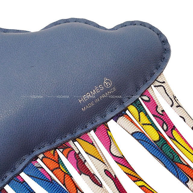 [Pre-loved] HERMES bag charm Petit H Cloud Nuage Fringe Bleu Tempete Silk100%/Agneau Milo[LIKE NEW][Authentic]