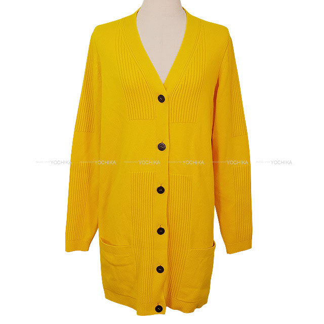 HERMES Cardigan Ladies Long Sellier Button Jaune Cashmere #36[BRAND NEW][Authentic]