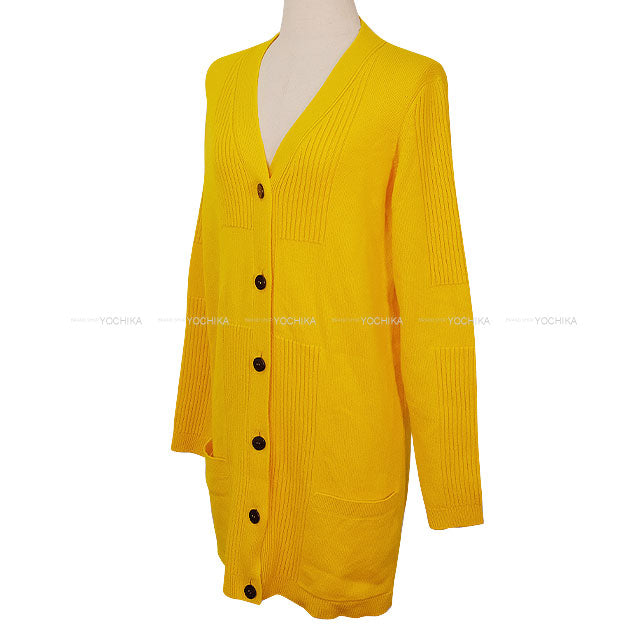 HERMES Cardigan Ladies Long Sellier Button Jaune Cashmere #36[BRAND NEW][Authentic]