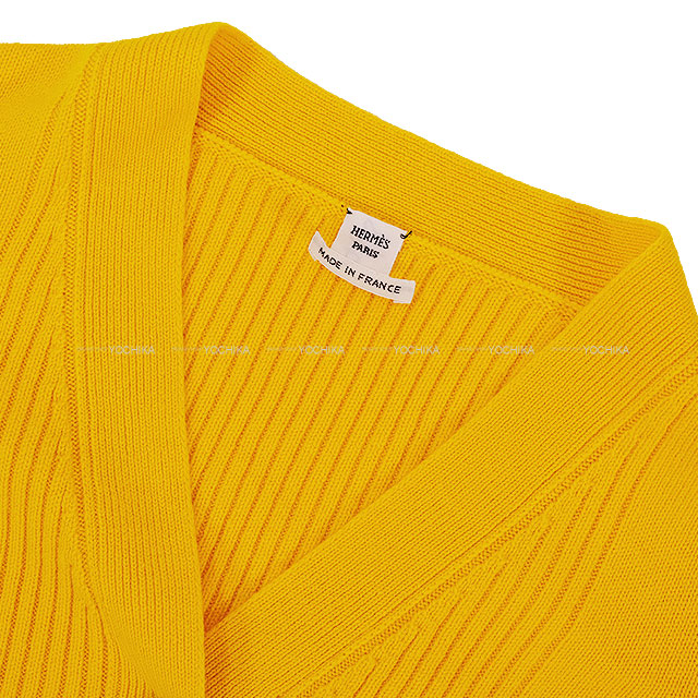 HERMES Cardigan Ladies Long Sellier Button Jaune Cashmere #36[BRAND NEW][Authentic]