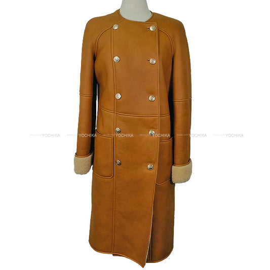 2024-2025AW CHANEL Shearling Long Coat Collarless Coco Button Camel Lambskin/Mouton #34 P78286[BRAND NEW][Authentic]