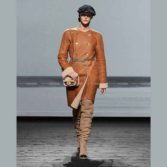 2024-2025AW CHANEL Shearling Long Coat Collarless Coco Button Camel Lambskin/Mouton #34 P78286[BRAND NEW][Authentic]