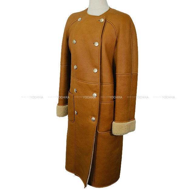 2024-2025AW CHANEL Shearling Long Coat Collarless Coco Button Camel Lambskin/Mouton #34 P78286[BRAND NEW][Authentic]