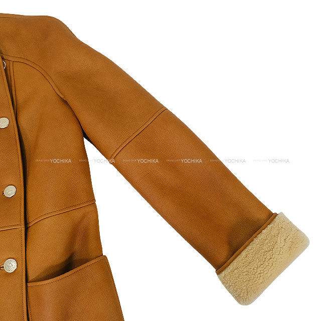 2024-2025AW CHANEL Shearling Long Coat Collarless Coco Button Camel Lambskin/Mouton #34 P78286[BRAND NEW][Authentic]
