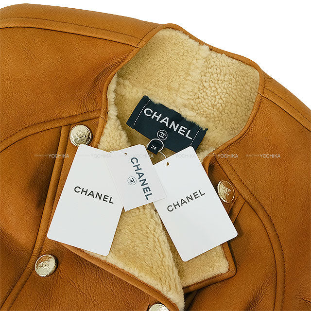 2024-2025AW CHANEL Shearling Long Coat Collarless Coco Button Camel Lambskin/Mouton #34 P78286[BRAND NEW][Authentic]