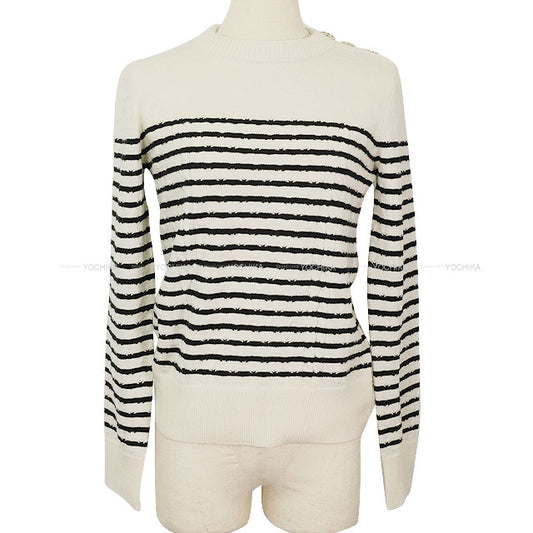 2025-2026AW CHANEL Knit Sweater Border Coco Mark Button Blanc (White)/Noir (Black) Cashmere/Elastane/Polyamide #34 Champagne Gold HW P80157[BRAND NEW][Authentic]