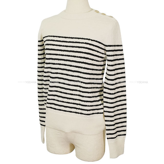 2025-2026AW CHANEL Knit Sweater Border Coco Mark Button Blanc (White)/Noir (Black) Cashmere/Elastane/Polyamide #34 Champagne Gold HW P80157[BRAND NEW][Authentic]