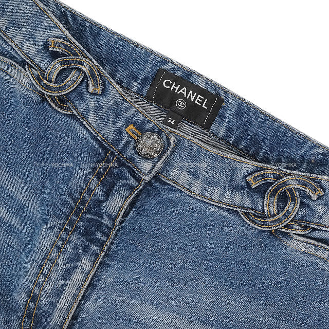 CHANEL Denim Pants Waist Coco mark Blue Cotton #34 P76791[BRAND NEW][Authentic]