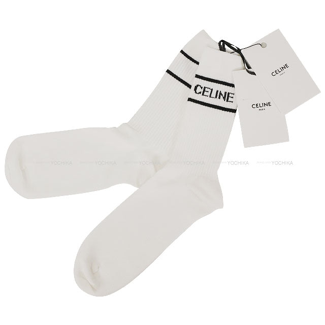 CELINE Logo Socks #M Blanc (White)/Noir (Black) Cotton 2ADBQ035N[BRAND NEW][Authentic]