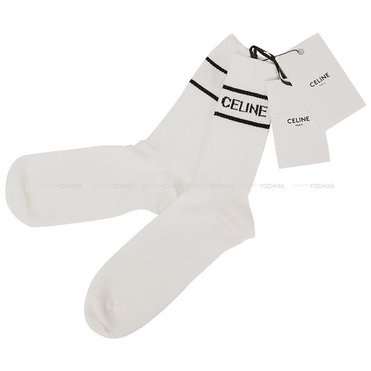 CELINE Logo Socks #M Blanc (White)/Noir (Black) Cotton 2ADBQ035N[BRAND NEW][Authentic]