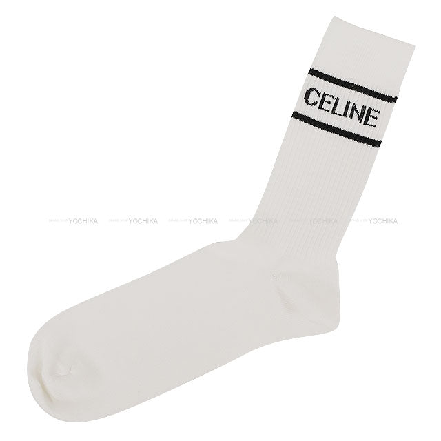 CELINE Logo Socks #M Blanc (White)/Noir (Black) Cotton 2ADBQ035N[BRAND NEW][Authentic]