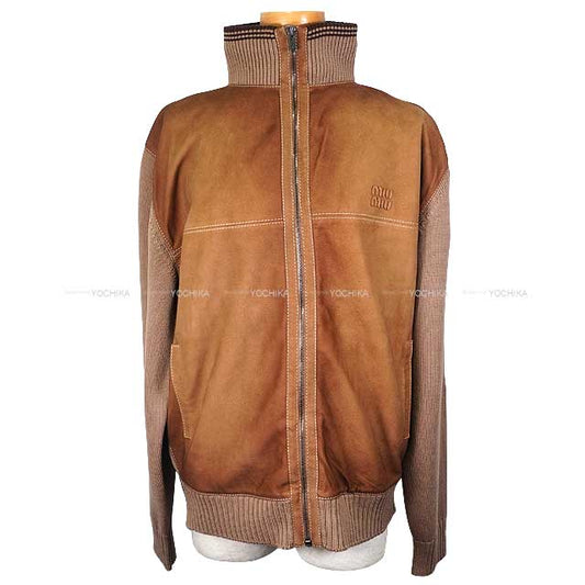 Miu Miu Cardigan Wool Leather zipper Caramel/Cinnamon Virgin Wool/Sheepskin #38 MMJ150-177Q-F04V6[BRAND NEW][Authentic]