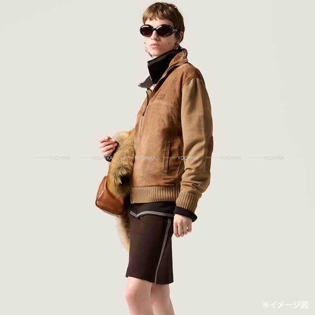 Miu Miu Cardigan Wool Leather zipper Caramel/Cinnamon Virgin Wool/Sheepskin #38 MMJ150-177Q-F04V6[BRAND NEW][Authentic]