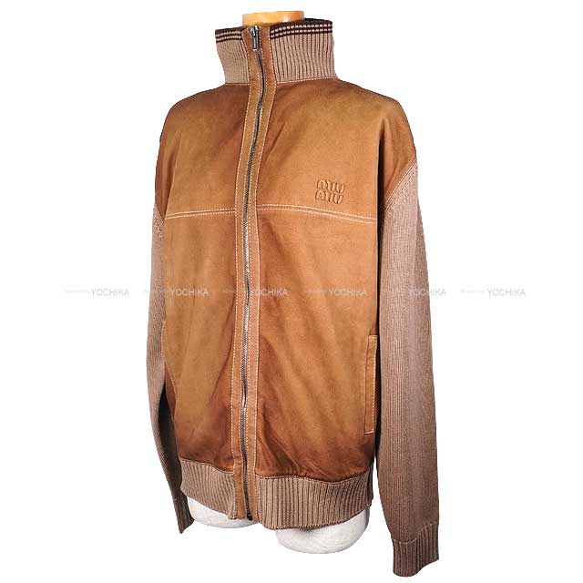 Miu Miu Cardigan Wool Leather zipper Caramel/Cinnamon Virgin Wool/Sheepskin #38 MMJ150-177Q-F04V6[BRAND NEW][Authentic]