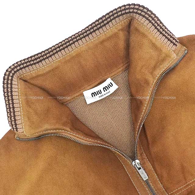 Miu Miu Cardigan Wool Leather zipper Caramel/Cinnamon Virgin Wool/Sheepskin #38 MMJ150-177Q-F04V6[BRAND NEW][Authentic]