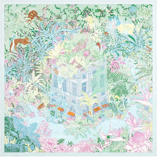 2021SS HERMES scarf Carre 90 Faubourg Tropical Blue/Jaune/Vert Silk100%[EXCELLENT][Authentic]